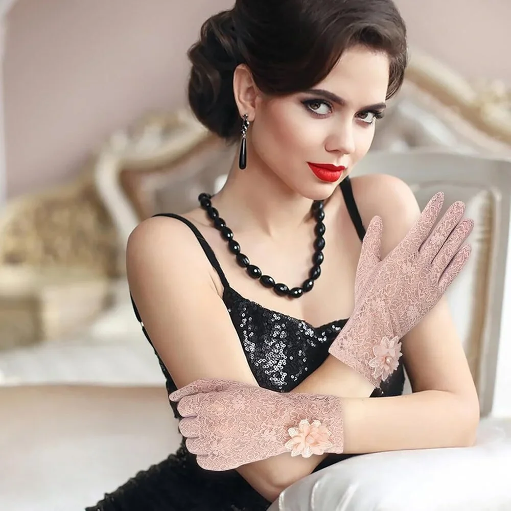Women's Floral Pink Short Lace Gloves Wedding Halloween Cosplay Party Prom
